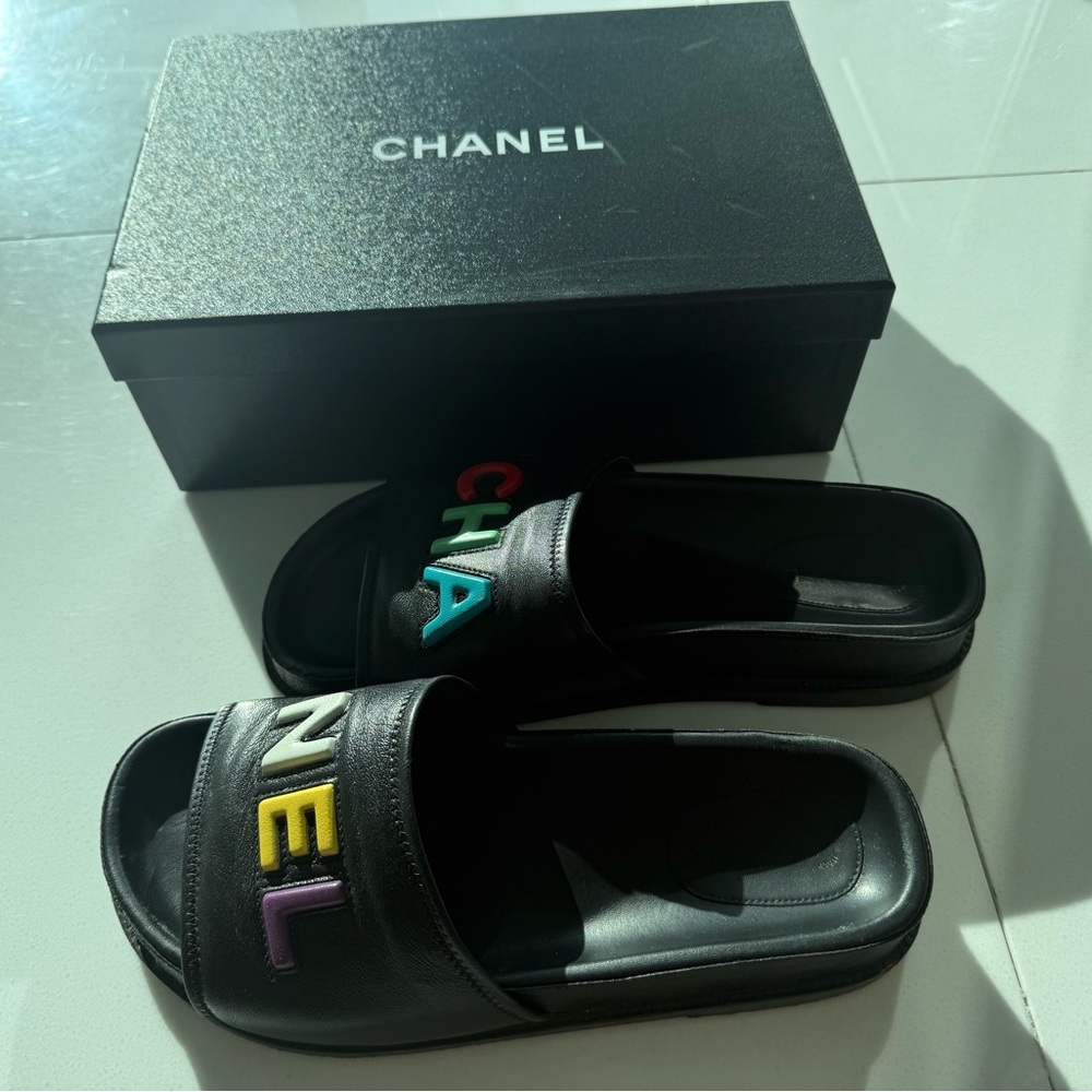 CHANEL Black Slides with Colorful Logo